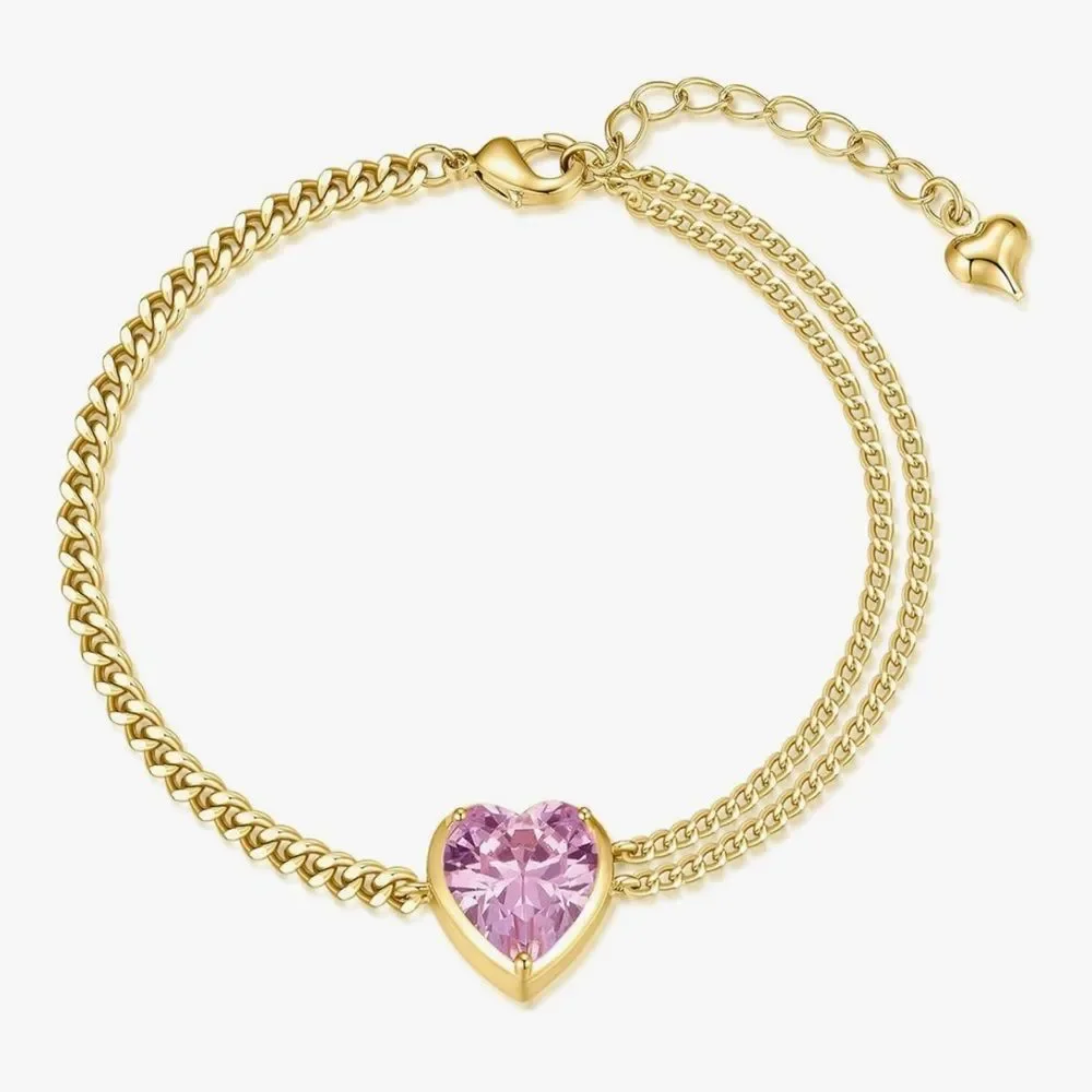 NEW 18k Gold Plated Gold Heart Bracelet with Pink Stone